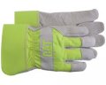 Leather Palm Work Gloves w/Fluorescent Green Back & Rubberized Cuff - Large